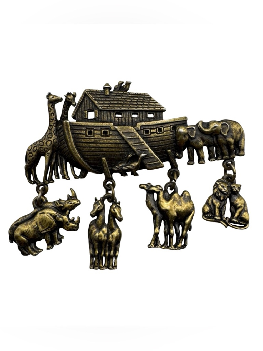Vintage JJ Noah’s Ark Animal Dangle Brooch Pin 3” Gold Tone